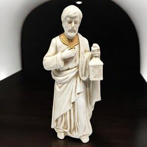 Nativity Joseph - White Bisque with Gold Trim - Christmas - Lantern
